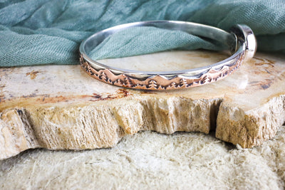 Soft Orange Carnelian Stone Sterling Silver Bangle with Copper Mountains and Trees Accents