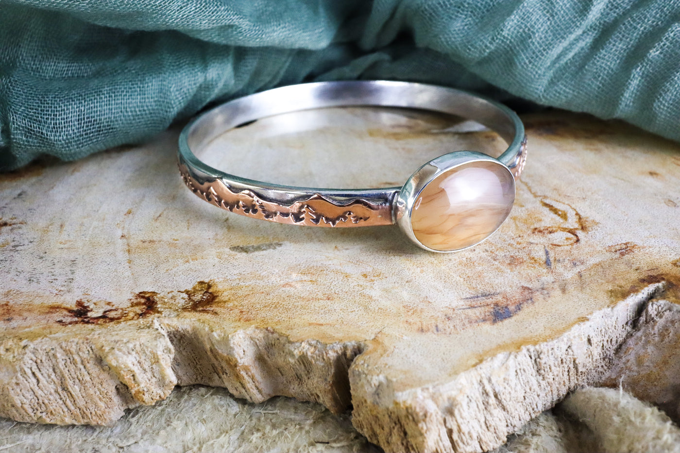 Soft Orange Carnelian Stone Sterling Silver Bangle with Copper Mountains and Trees Accents