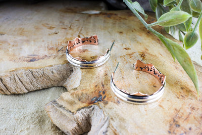 Sterling silver double band hoop earrings with copper mountain and trees accents